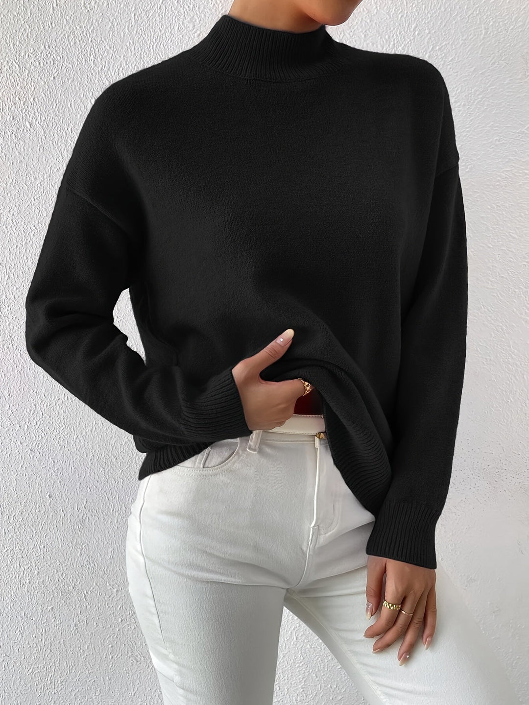 Berit | Dame Strikbluse Med Funnel Neck Og Ribkanter