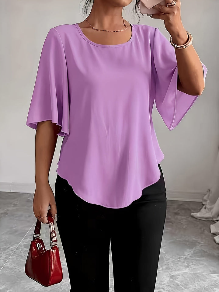Helle | Dame Blouse Med Flæseærmer Og Rund Hals