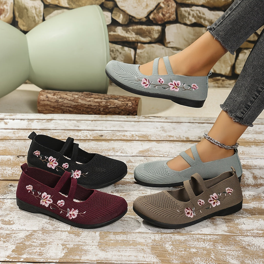 Agnete | Dame Ballet Flat Sko Med Blomsterbroderi Og Masketekstur