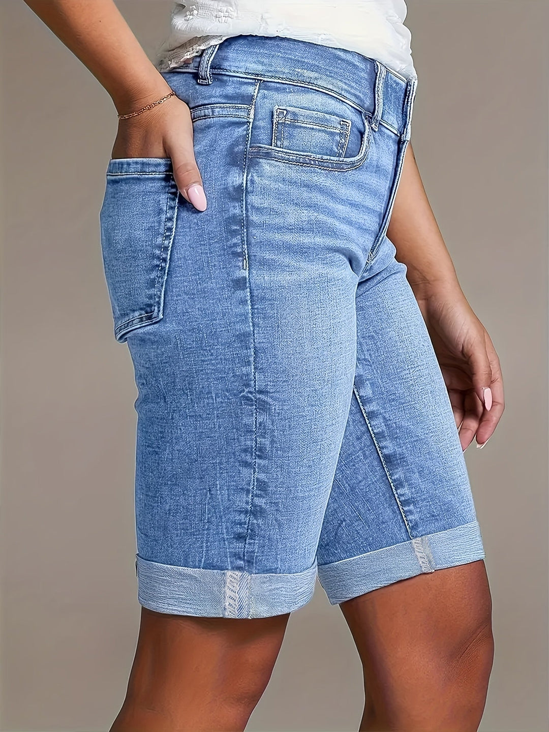 Lene | Dame Højtaljede Denim Bermudashorts Med Opslag Og Lommer