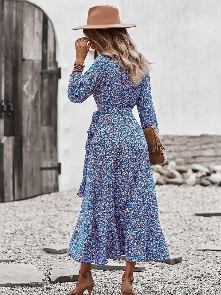 Gudrun | Dame Midikjole Sommer Blomsterprint V-Hals Bindebånd