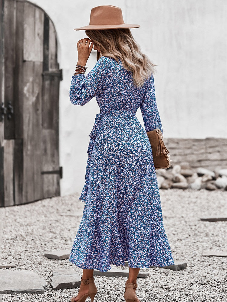 Maja | Dame Blomsterprint Midi Kjole Med Lange Ærmer Og Bindebånd