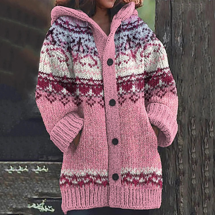 Lene | Dame Hættet Strikcardigan Med Fair Isle Mønster