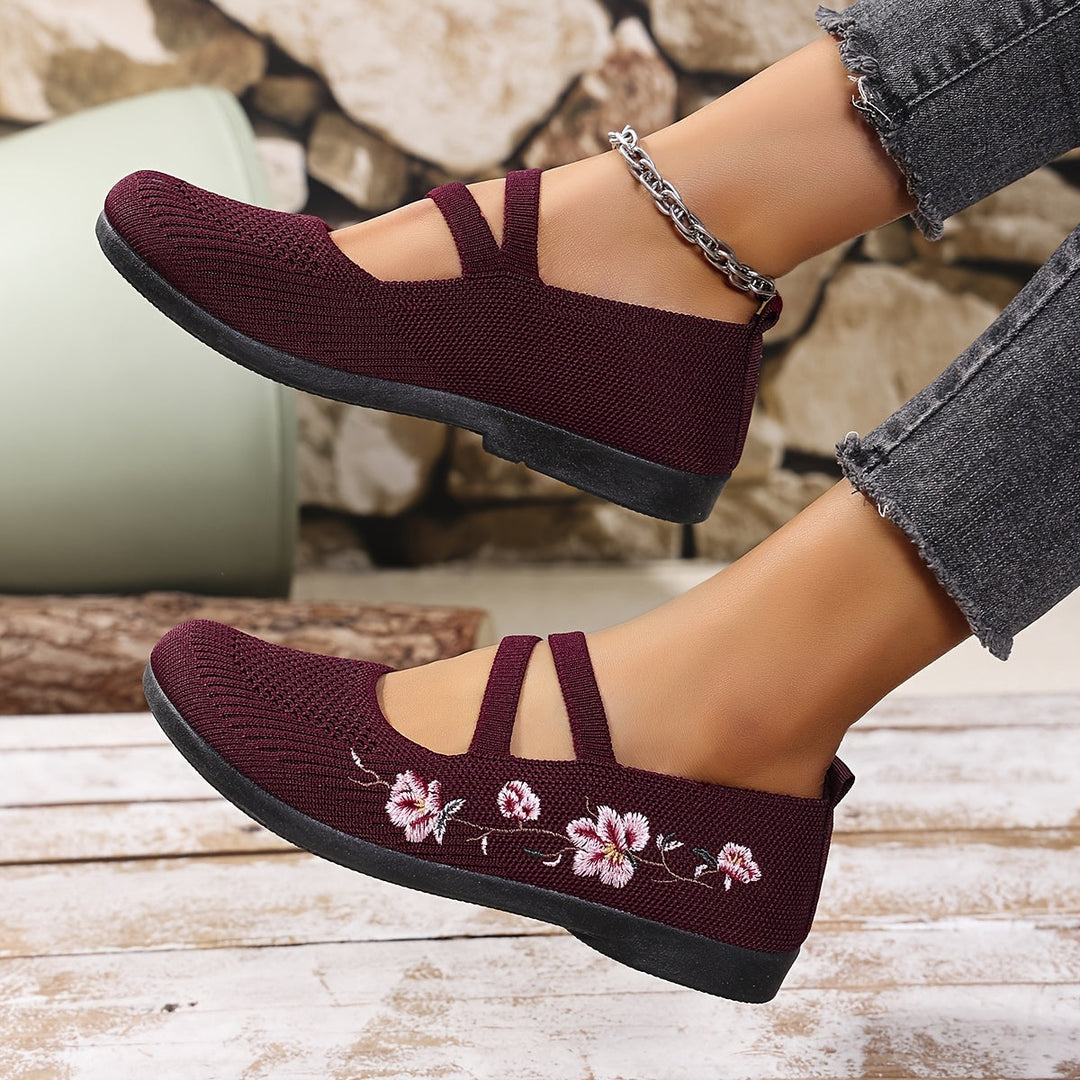 Agnete | Dame Ballet Flat Sko Med Blomsterbroderi Og Masketekstur