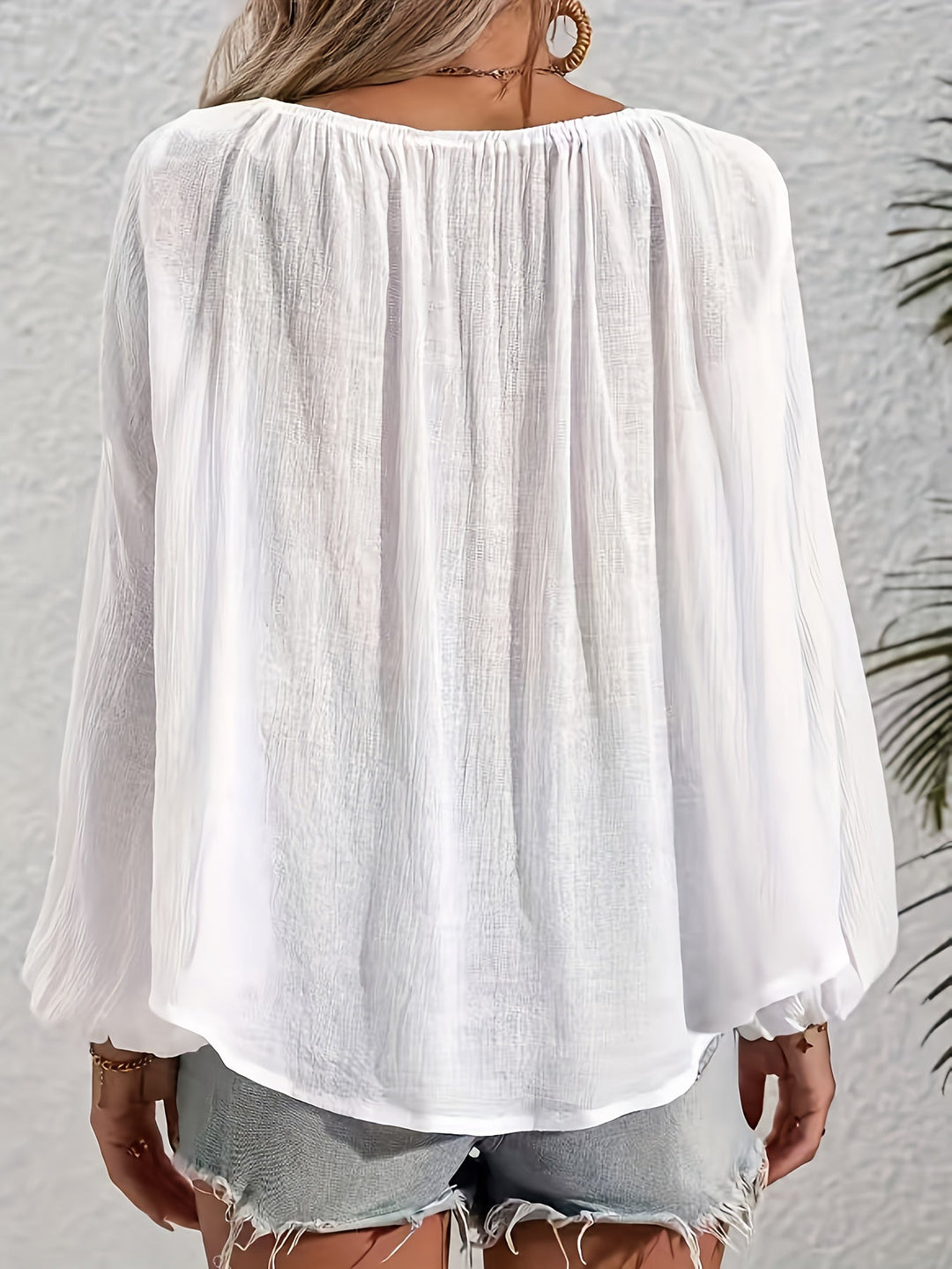Freja | Dame Løs Boho Bluse Med Ballonærmer Og Kvastdetaljer