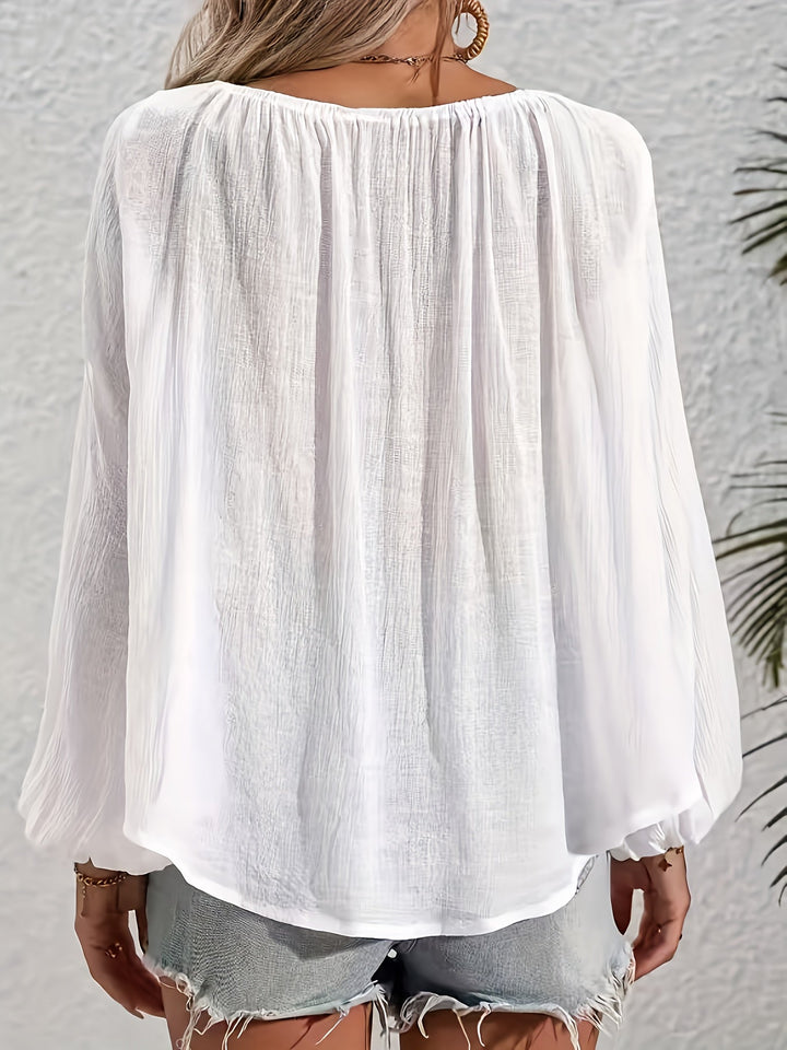 Freja | Dame Løs Boho Bluse Med Ballonærmer Og Kvastdetaljer