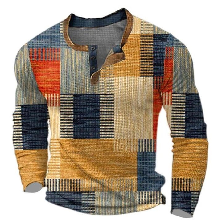 Helga | Herre Striktrøje Med Henley-Krave Og Retro Farveblokke