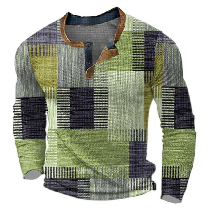 Helga | Herre Striktrøje Med Henley-Krave Og Retro Farveblokke
