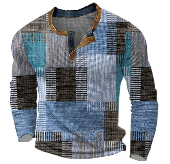 Helga | Herre Striktrøje Med Henley-Krave Og Retro Farveblokke