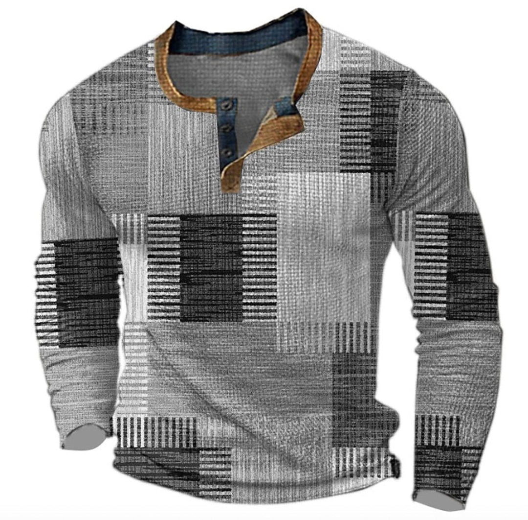 Helga | Herre Striktrøje Med Henley-Krave Og Retro Farveblokke