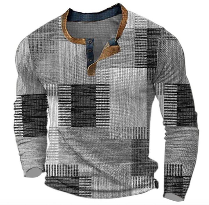 Helga | Herre Striktrøje Med Henley-Krave Og Retro Farveblokke