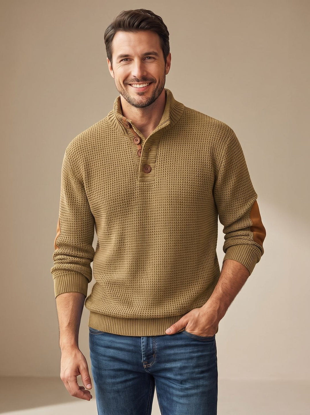 Viggo | Herre Vaffelstrikket Pullover Med Knappekrave