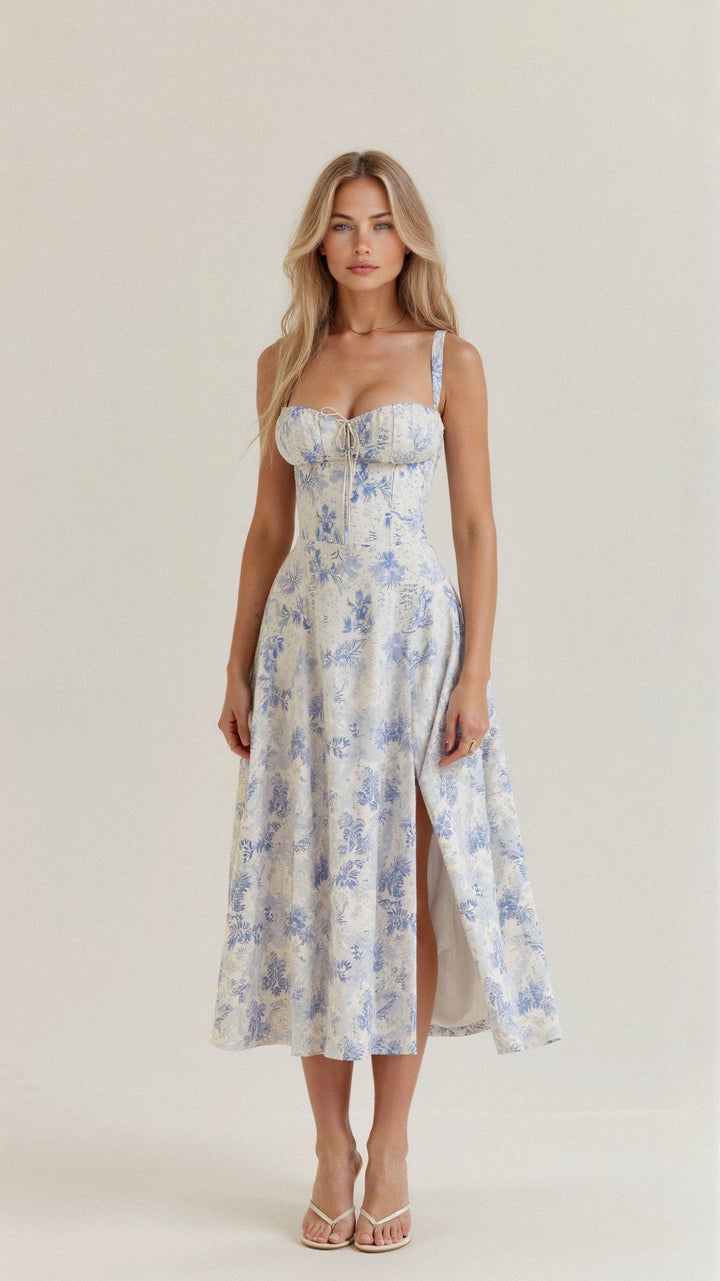 Stine | Dame Midi Kjole Med Blomsterprint Og Korset Detalje
