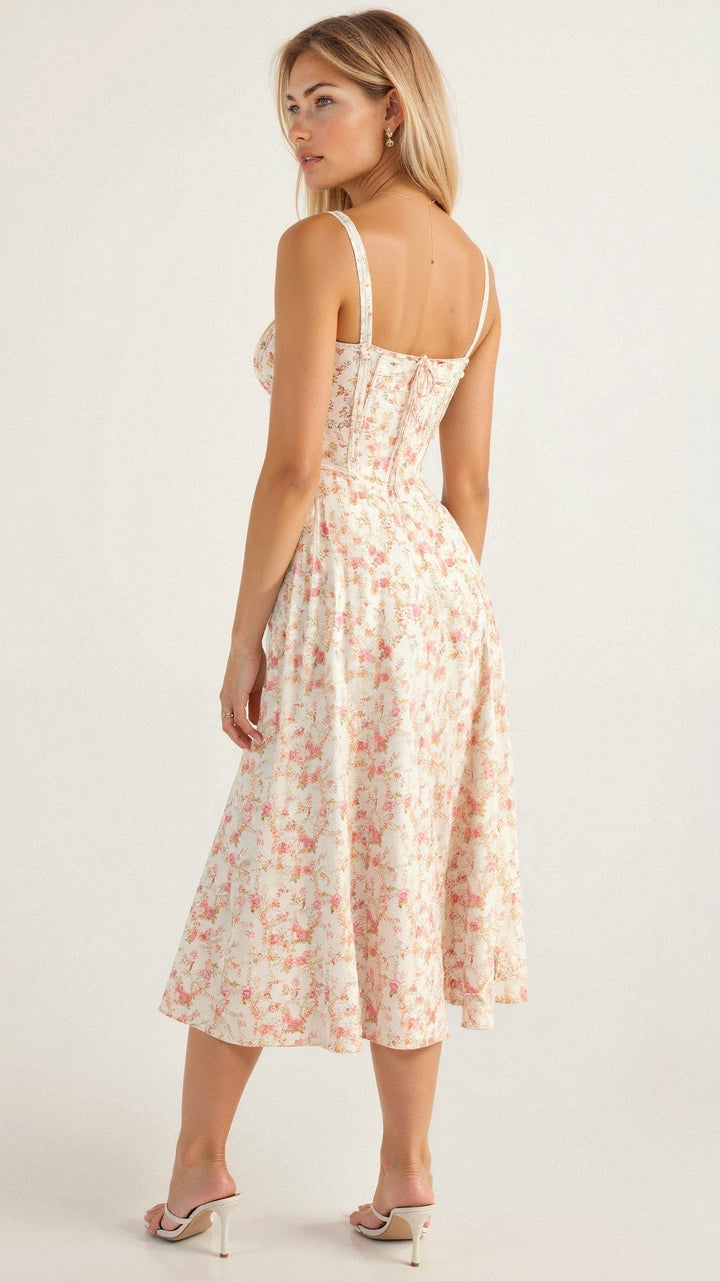 Stine | Dame Midi Kjole Med Blomsterprint Og Korset Detalje