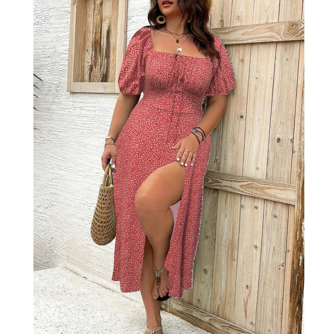 Rikke | Dame Plus Size Maxi Kjole Med Pufærmer Og Firkantet Halsudskæring