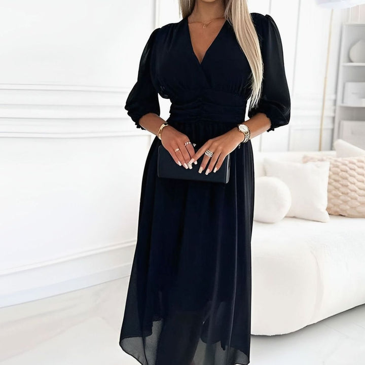 Lisbeth | Dame Chiffon Midikjole Med V-Hals Og Rynket Talje