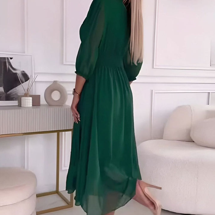 Lisbeth | Dame Chiffon Midikjole Med V-Hals Og Rynket Talje