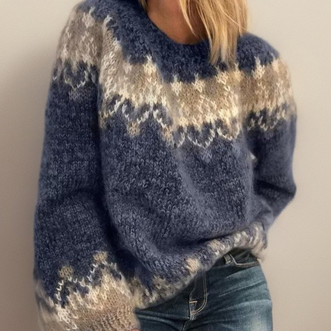Helga | Dame Strikket Sweater Med Fair Isle Mønster Og Rund Hals