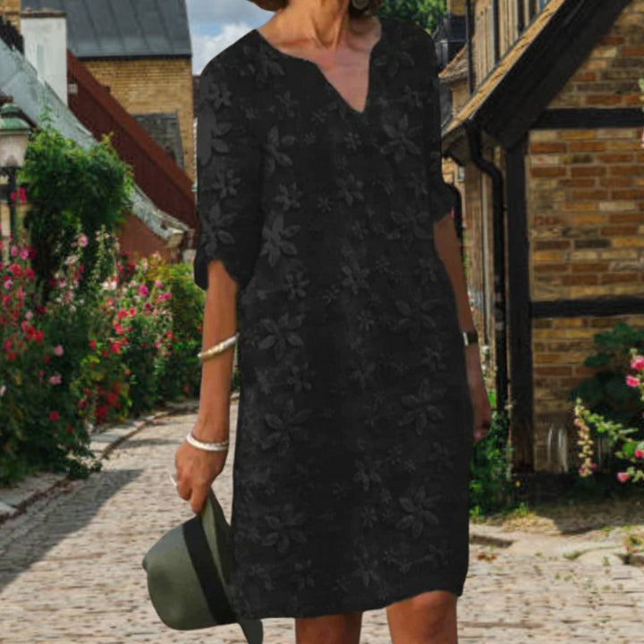 Malene | Dame Midikjole Med Blomstermotiv Og V-hals