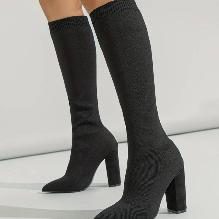 Susanne | Dame Strikkede Støvler Til Knæet Med Blokhæl