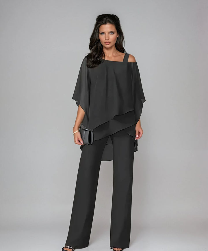 Willow | Dame Lagdelt Chiffon Topp Og Vide Bukser Med Cold-Shoulder