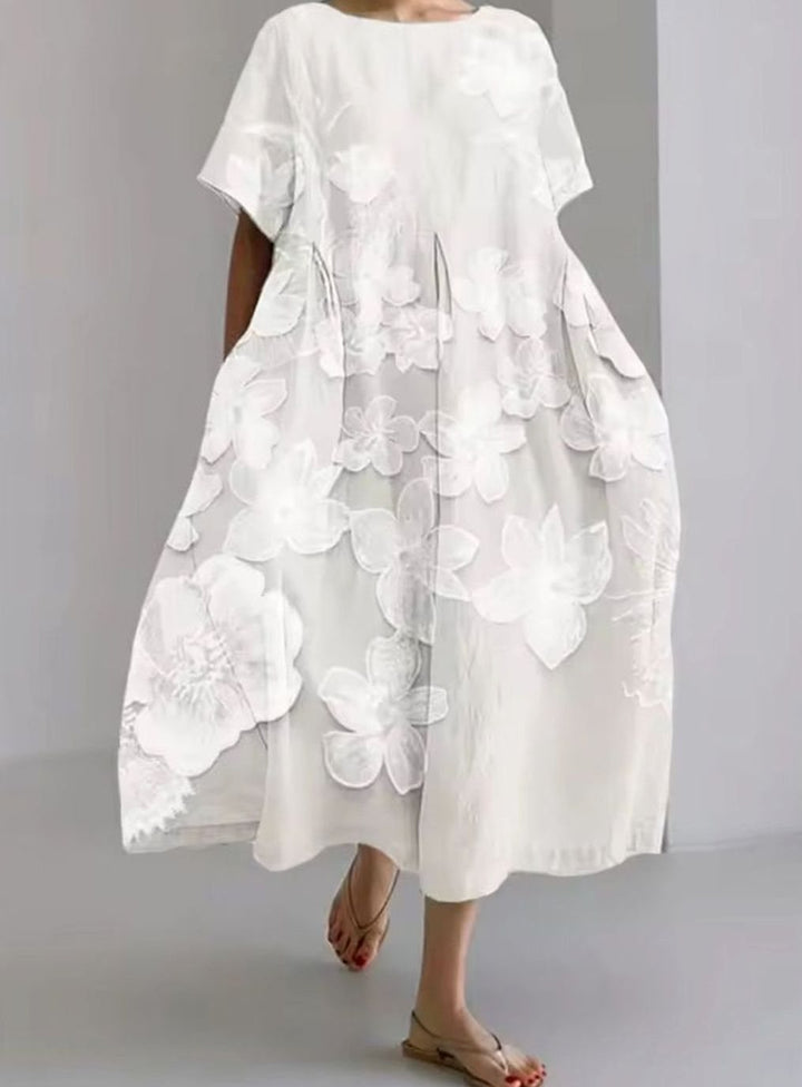 Julie | Dame Løs Midikjole Med Rund Hals Og Blomsterappliqué
