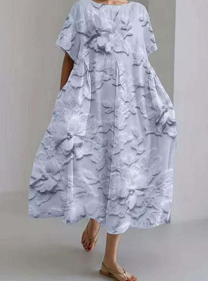 Julie | Dame Løs Midikjole Med Rund Hals Og Blomsterappliqué
