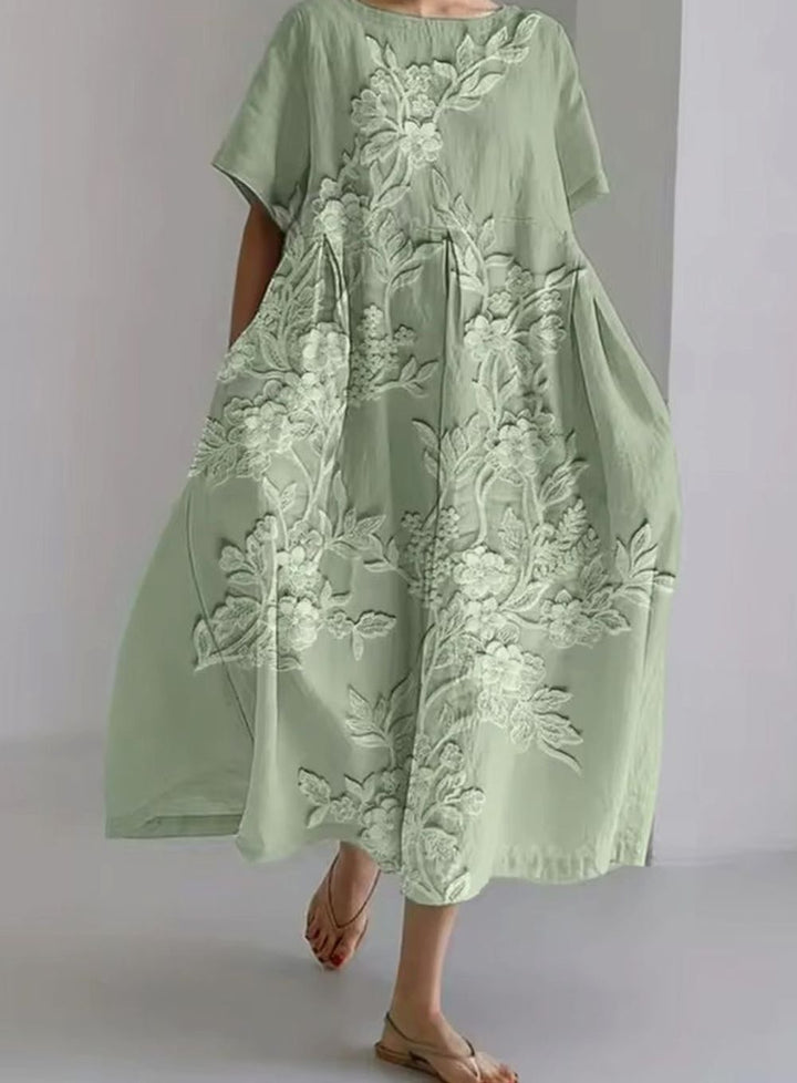 Julie | Dame Løs Midikjole Med Rund Hals Og Blomsterappliqué