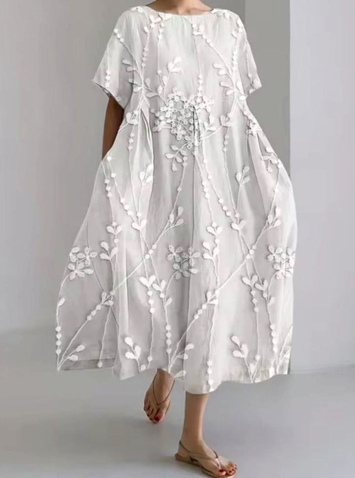 Julie | Dame Løs Midikjole Med Rund Hals Og Blomsterappliqué