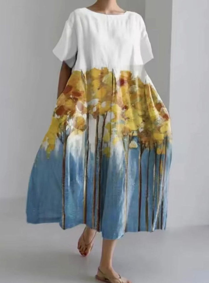 Julie | Dame Løs Midikjole Med Rund Hals Og Blomsterappliqué