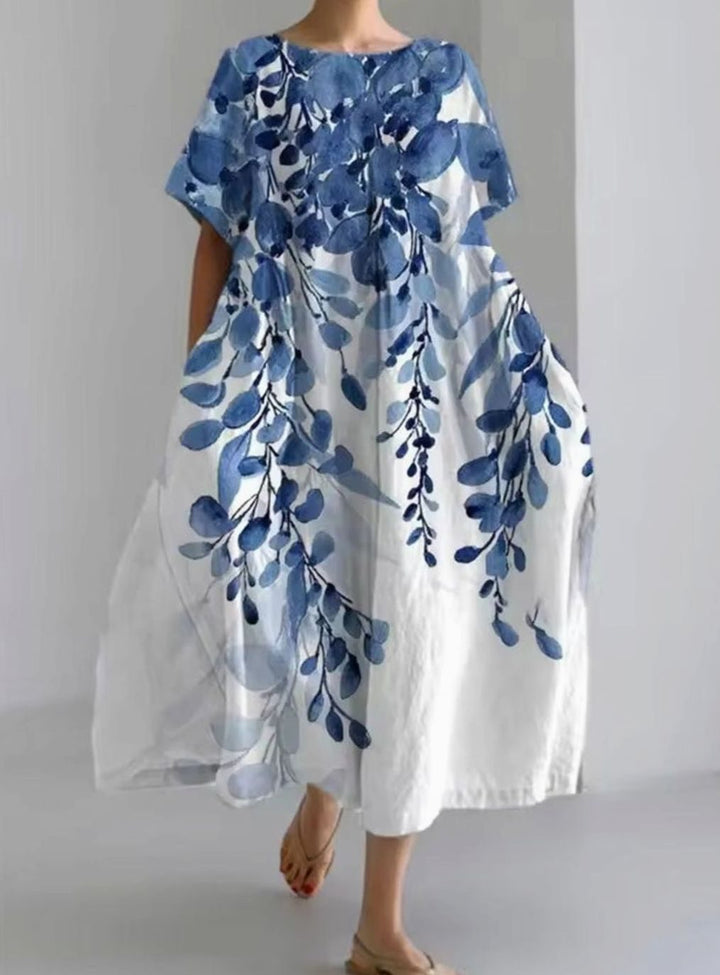 Julie | Dame Løs Midikjole Med Rund Hals Og Blomsterappliqué