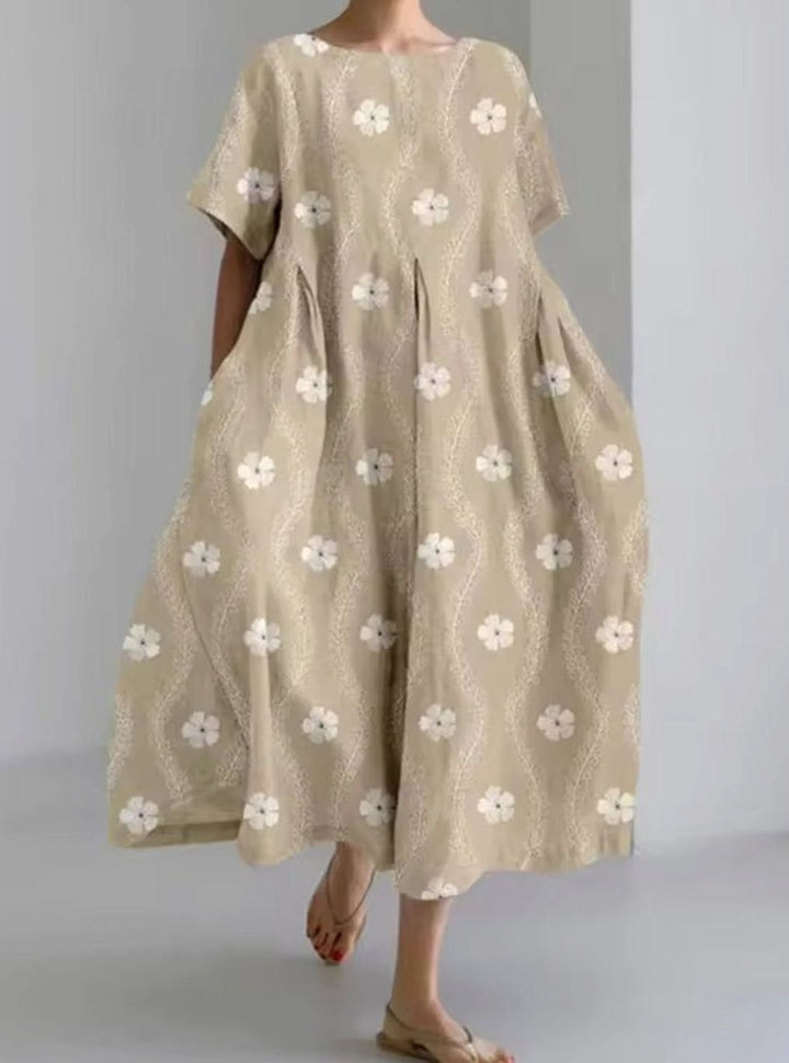 Julie | Dame Løs Midikjole Med Rund Hals Og Blomsterappliqué