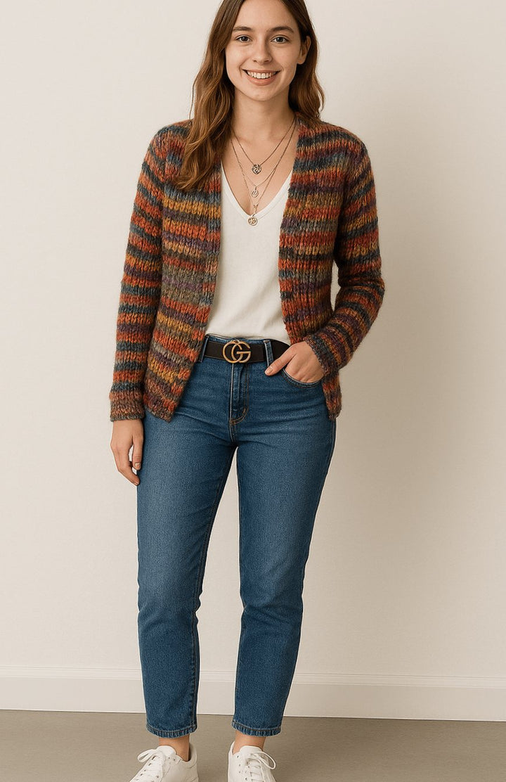 Karla | Dame Åben Stribet Strikket Cardigan Med Løs Pasform