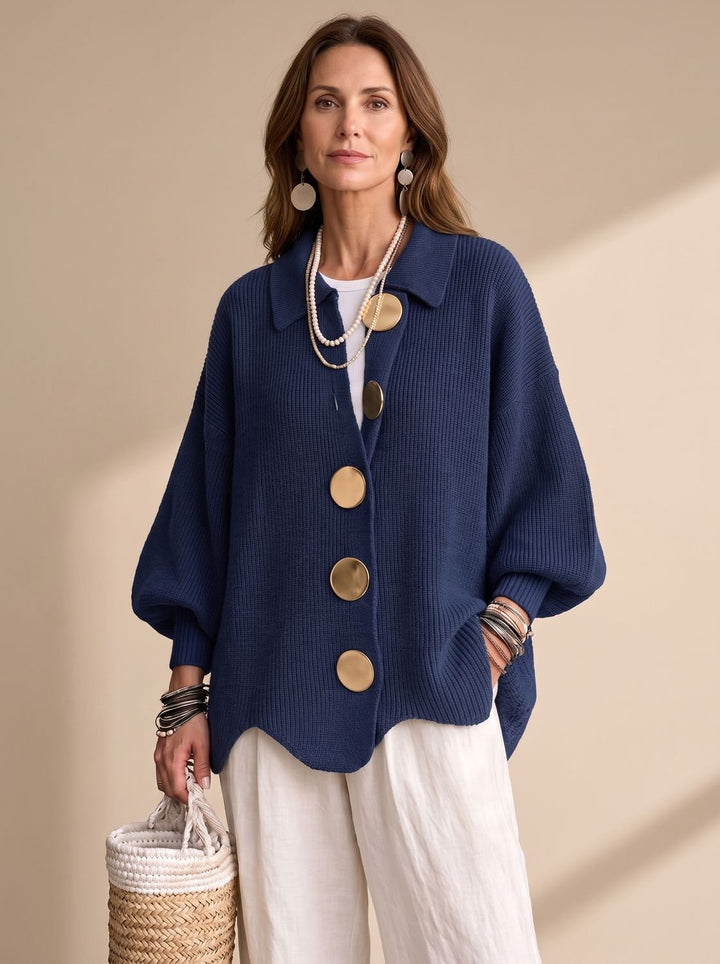 Sonja | Dame Oversize Strikket Cardigan Med Guldknapper