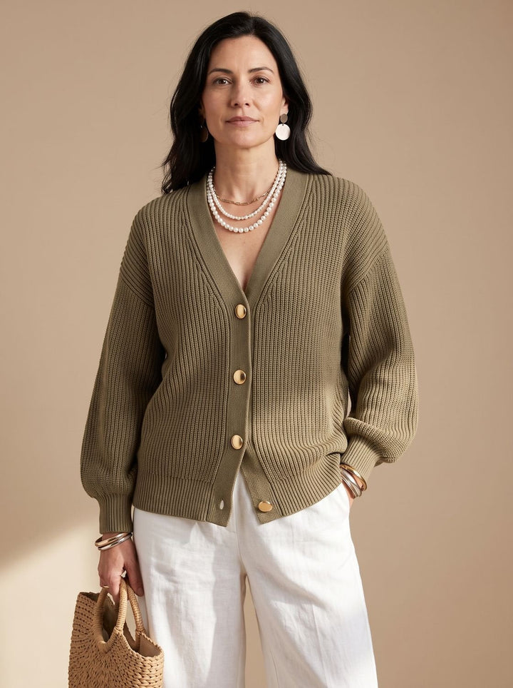 Sonja | Dame Oversize Strikket Cardigan Med Guldknapper