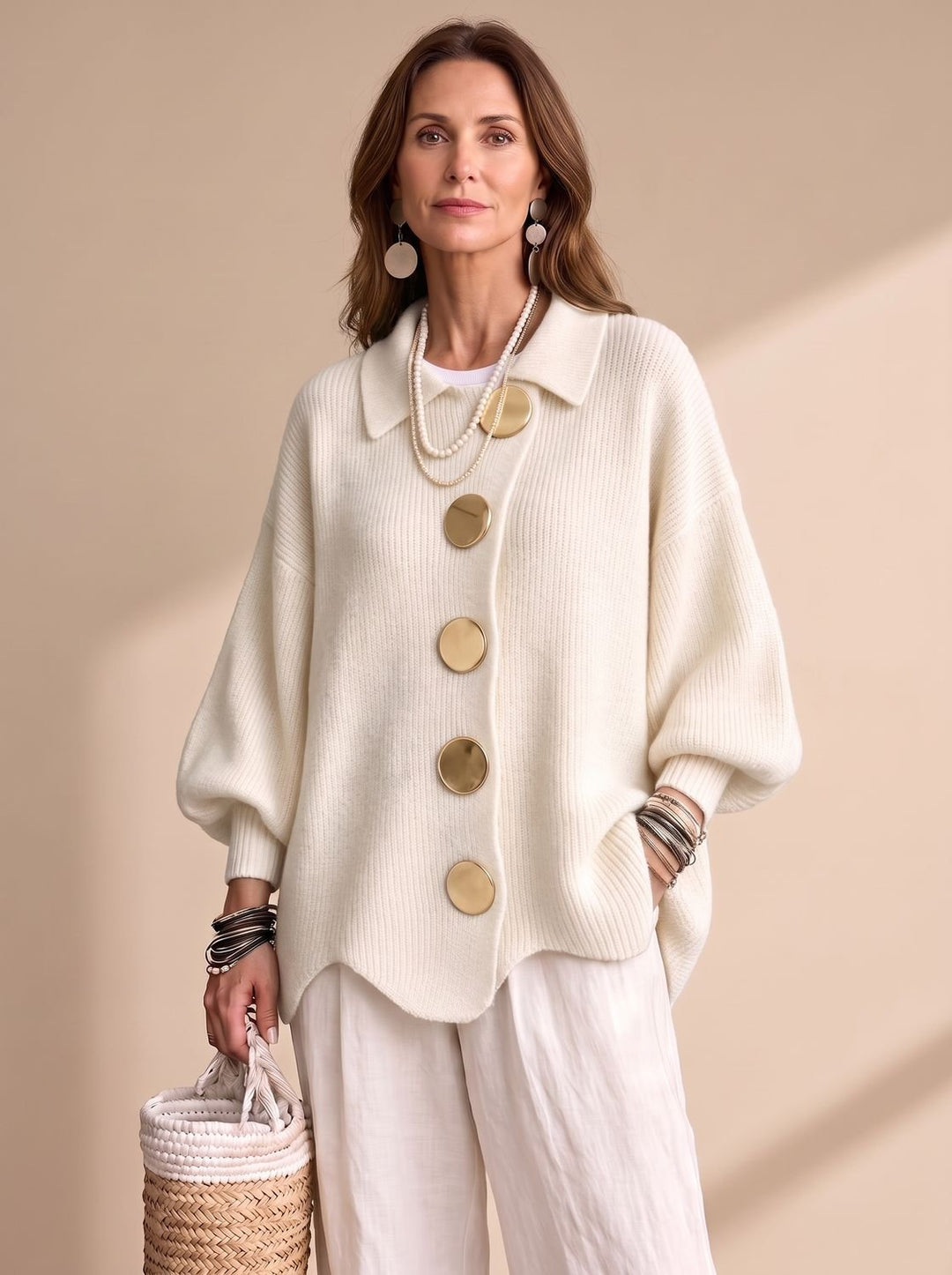 Sonja | Dame Oversize Strikket Cardigan Med Guldknapper