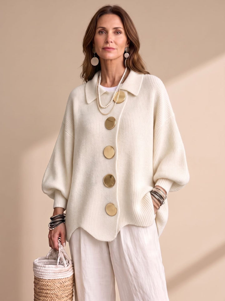Sonja | Dame Oversize Strikket Cardigan Med Guldknapper