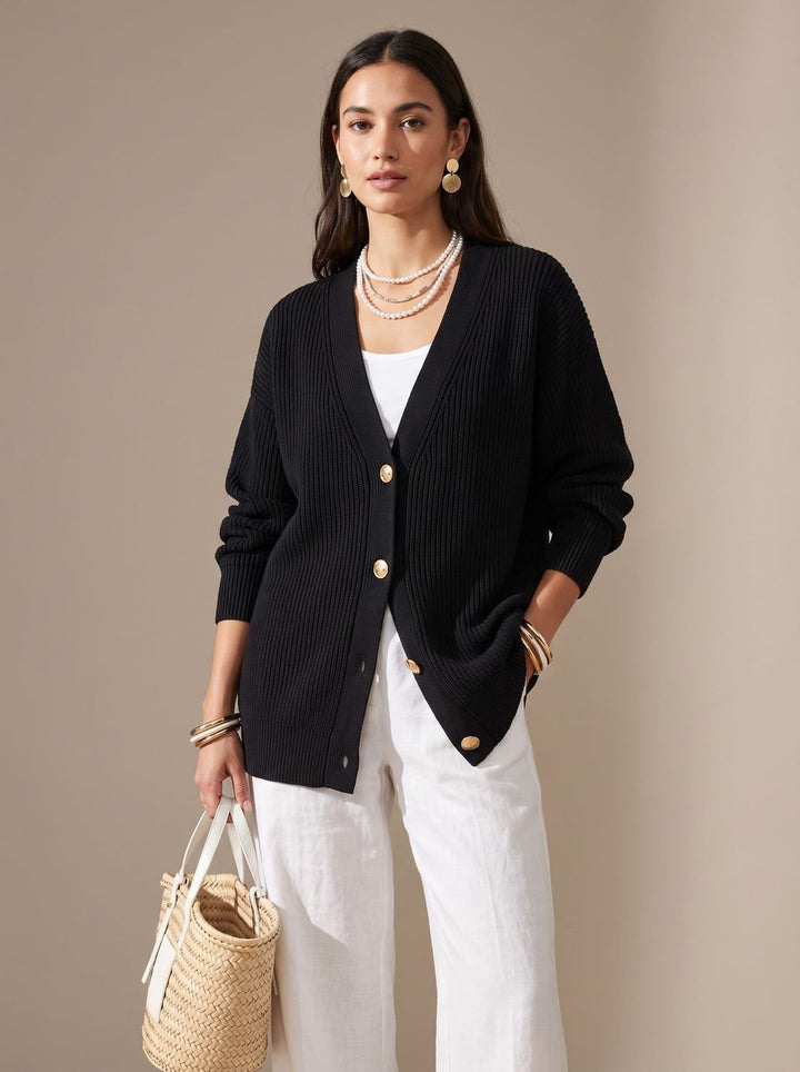 Sonja | Dame Oversize Strikket Cardigan Med Guldknapper