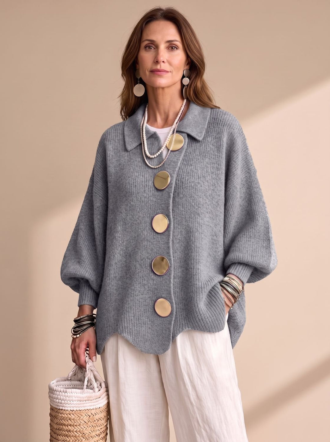 Sonja | Dame Oversize Strikket Cardigan Med Guldknapper