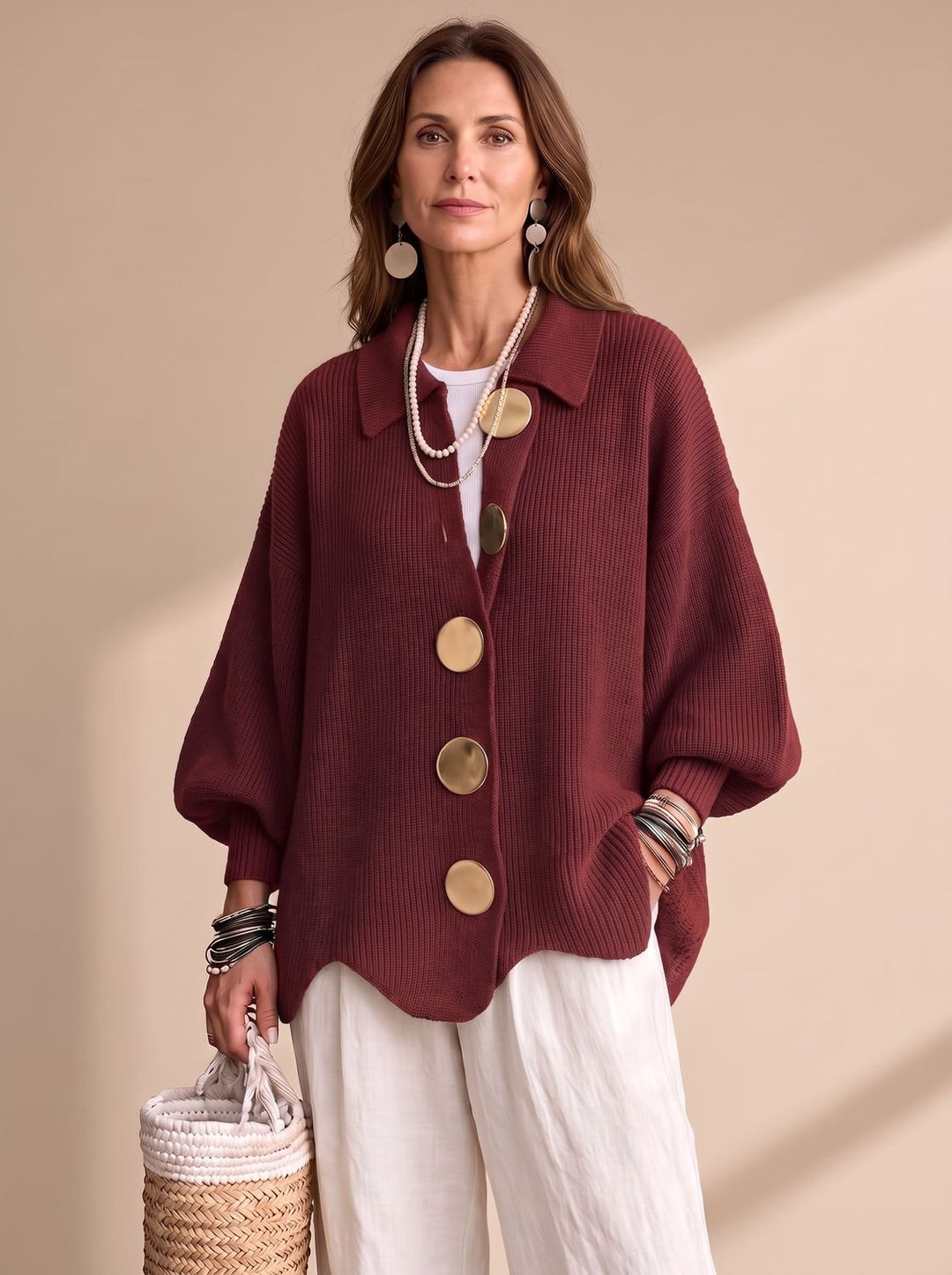 Sonja | Dame Oversize Strikket Cardigan Med Guldknapper