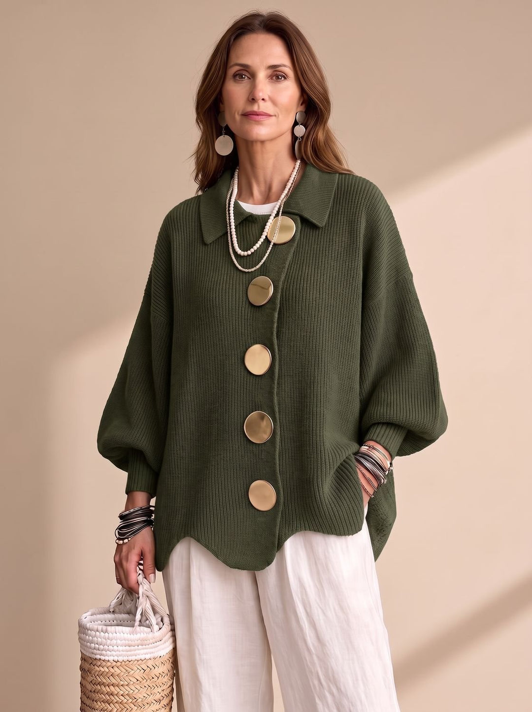 Sonja | Dame Oversize Strikket Cardigan Med Guldknapper