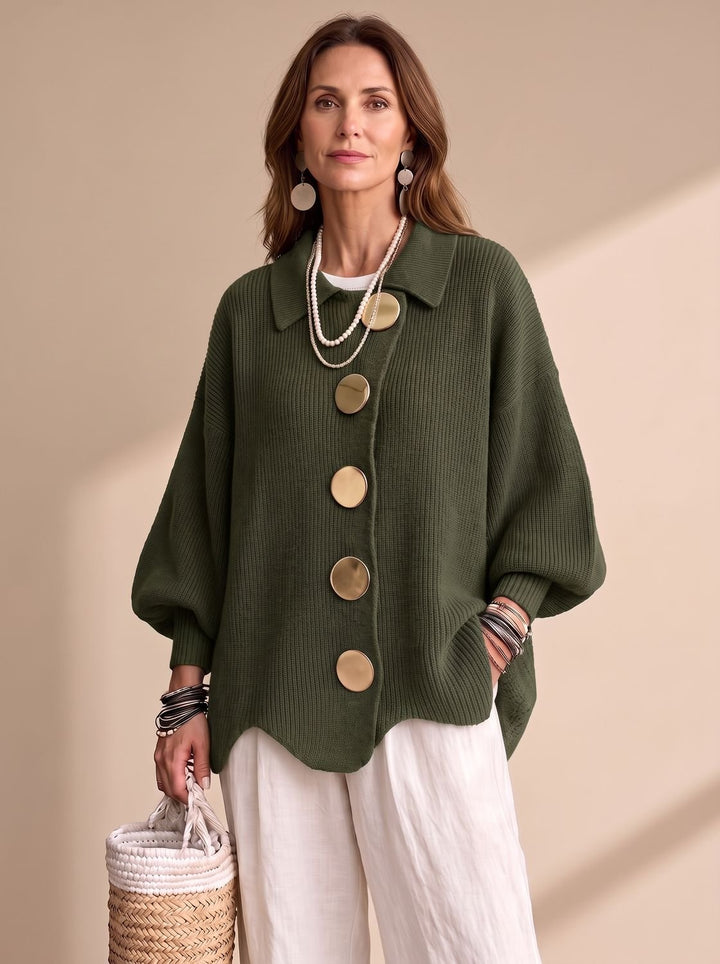 Sonja | Dame Oversize Strikket Cardigan Med Guldknapper
