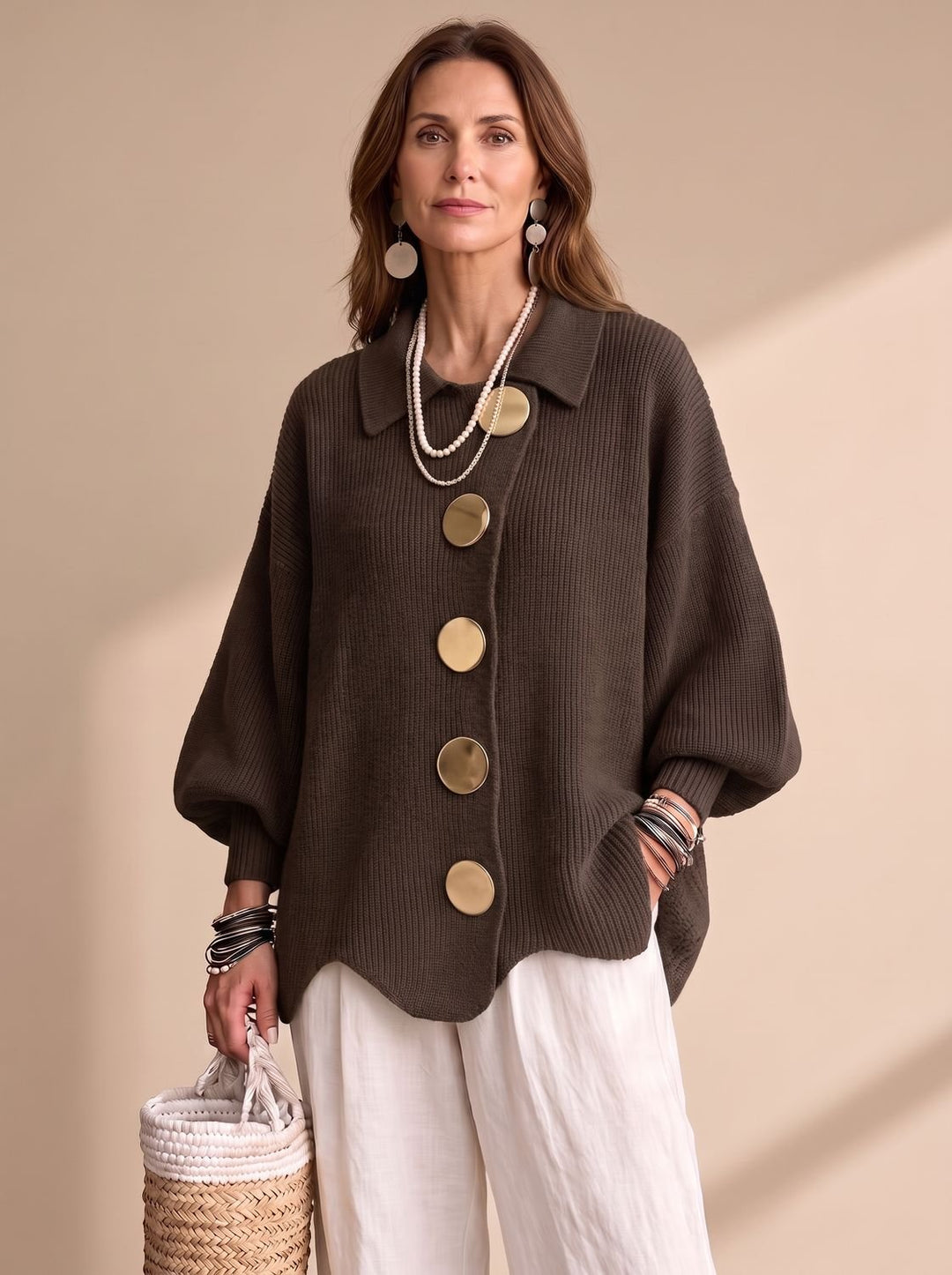 Sonja | Dame Oversize Strikket Cardigan Med Guldknapper