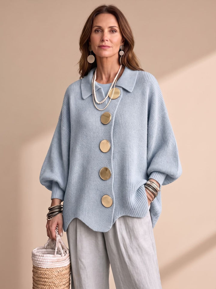 Sonja | Dame Oversize Strikket Cardigan Med Guldknapper