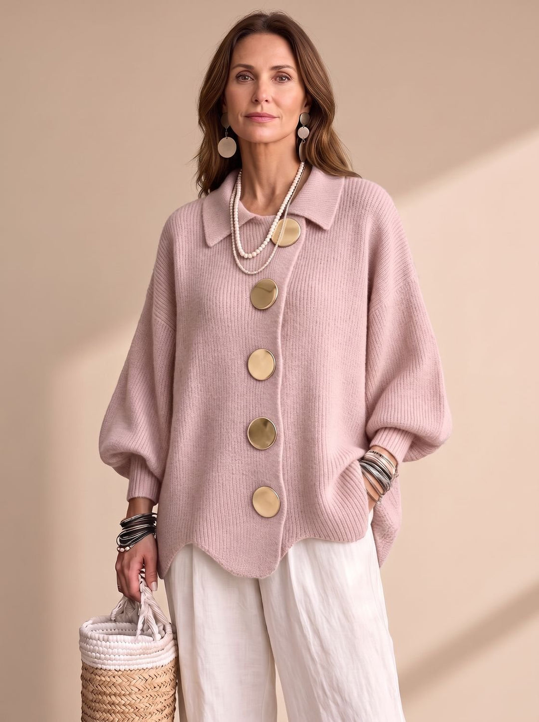 Sonja | Dame Oversize Strikket Cardigan Med Guldknapper