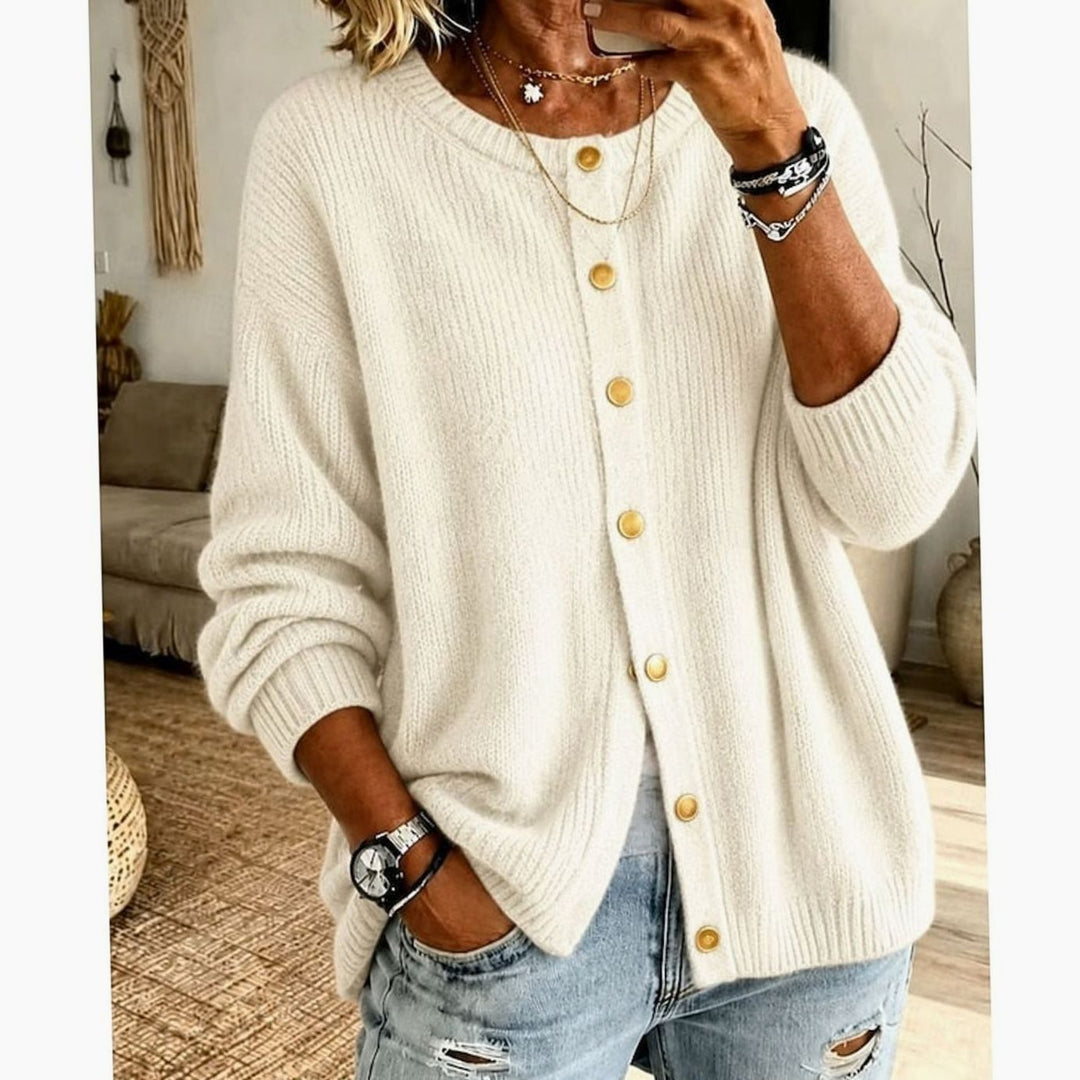 Lisbeth | Dame Strikket Cardigan Med Knaplukning Og Crew-Hals