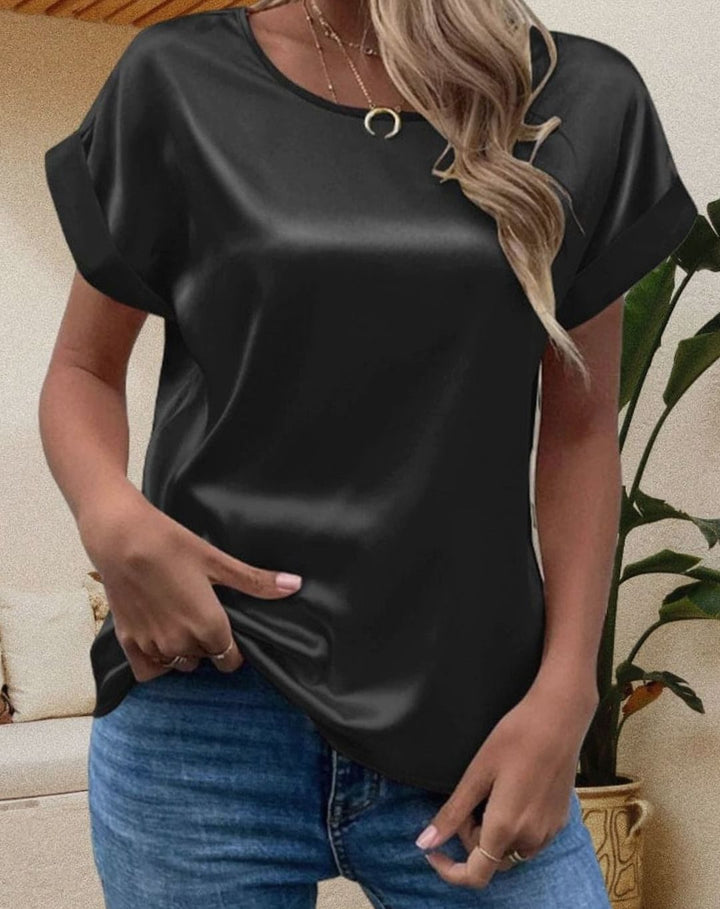 Ditte | Dame Løs Bluse Med Satinfinish Og Kort Ærme