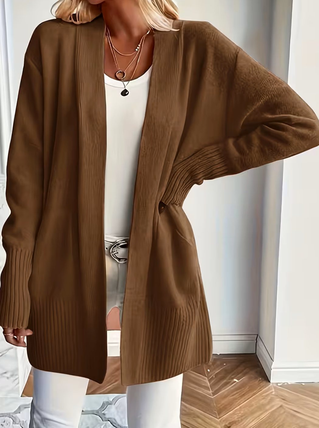 Lone | Dame Afslappet Åben Strikket Cardigan Med Ribstrik
