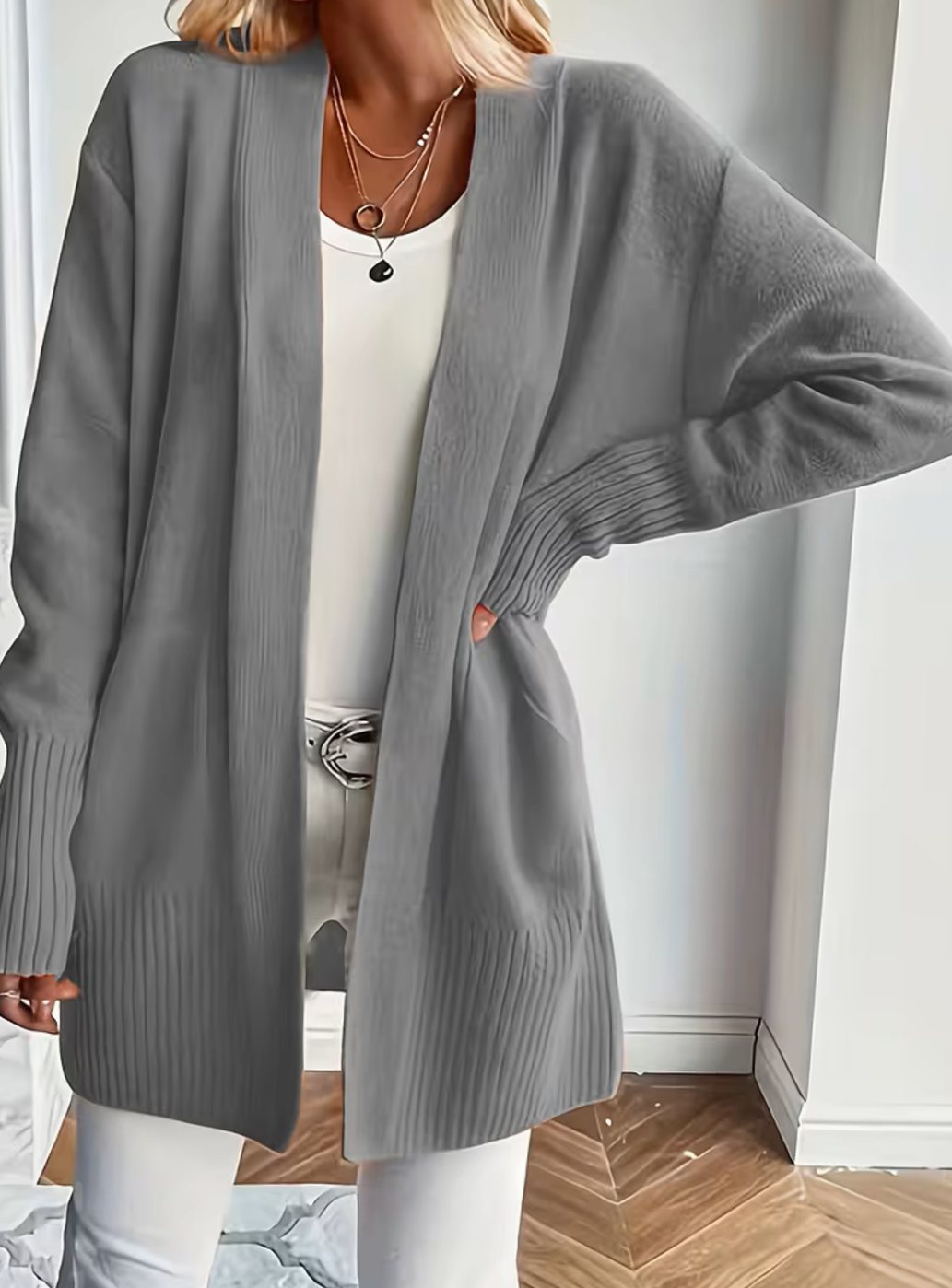Lone | Dame Afslappet Åben Strikket Cardigan Med Ribstrik