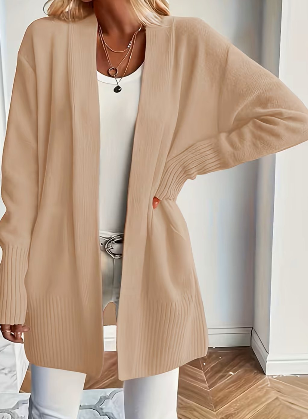 Lone | Dame Afslappet Åben Strikket Cardigan Med Ribstrik